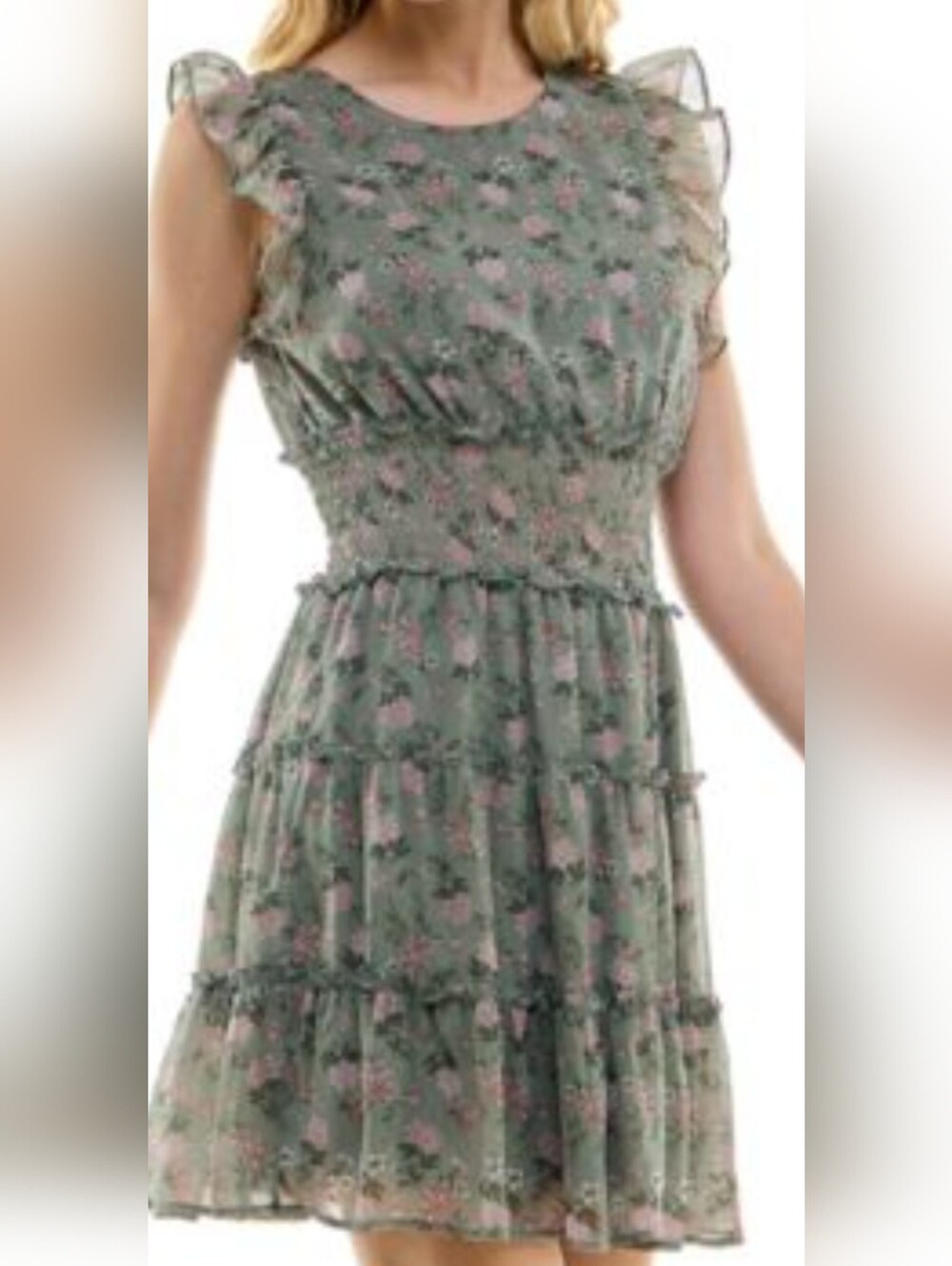 Trixxi Green Mini Dress with Pink Floral Print
